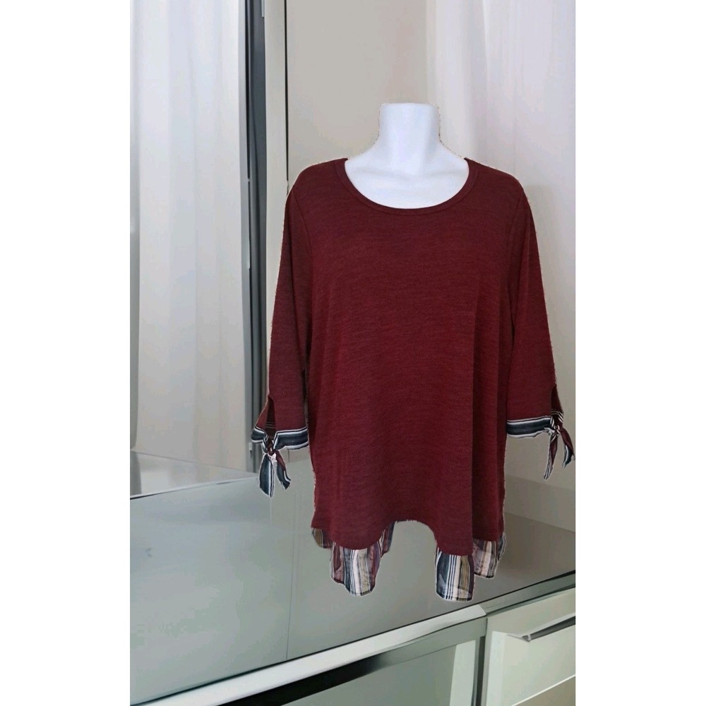 Chenault Popover Top 26/28 Burgundy w/ Contrast 3/4 Sleeve Stretch Tunic Artsy